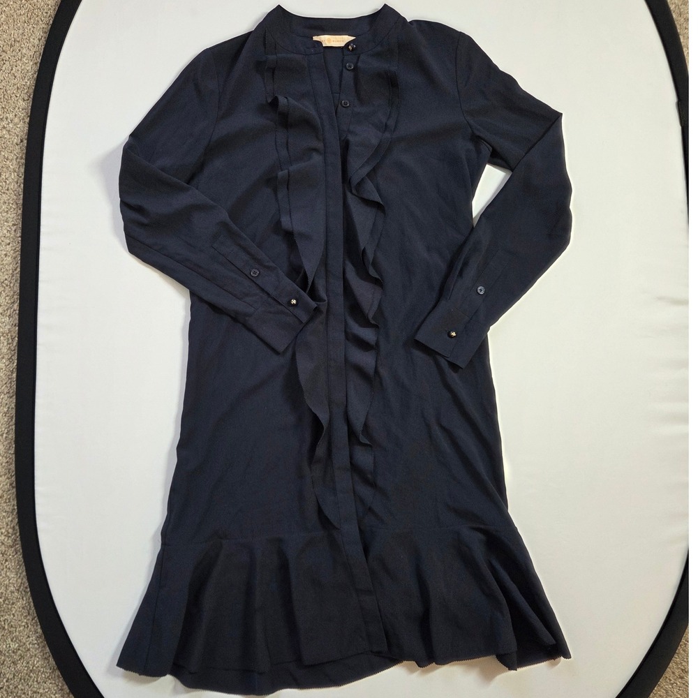 Tory Burch Navy Blue Ruffle Front Drop Waist Shirt Dress Size 2 Logo Buttons